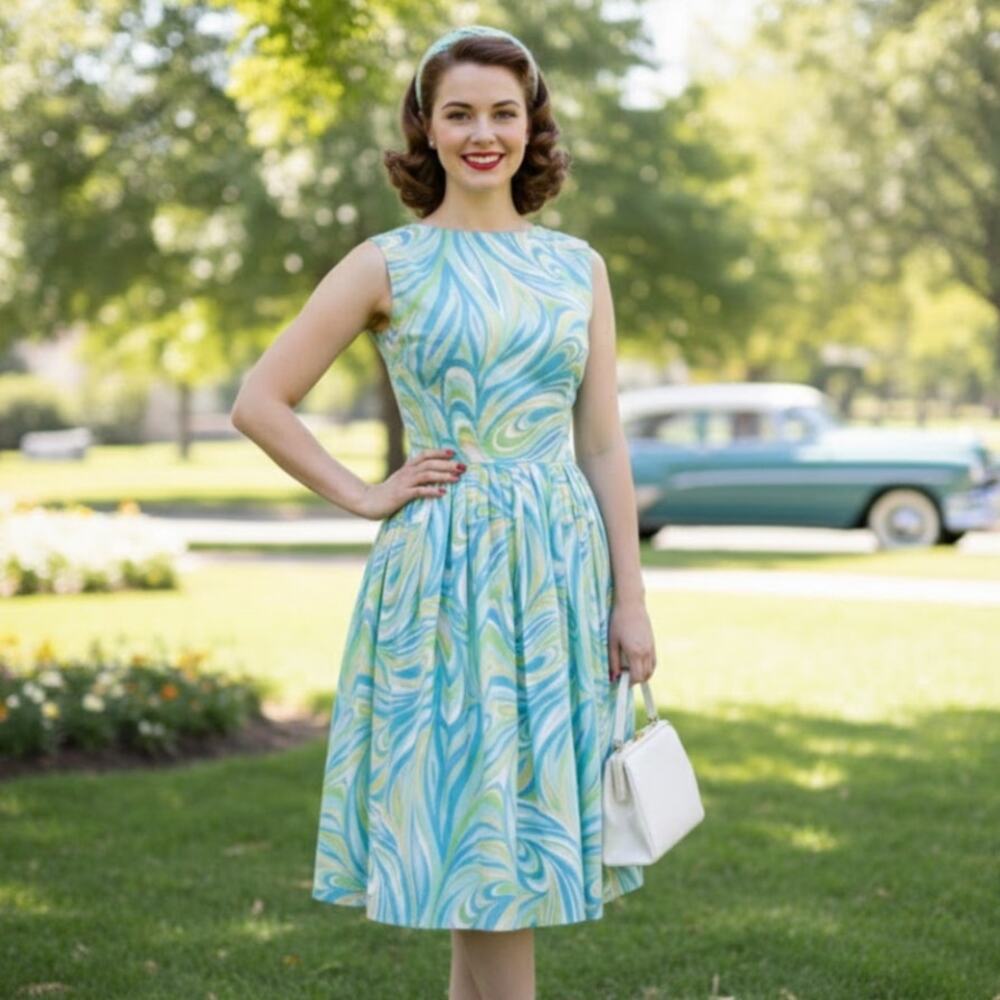 Vintage 50s Pin Up Fit and Flare Dress Psychedelic Tie Die Sun Dress Rockabilly